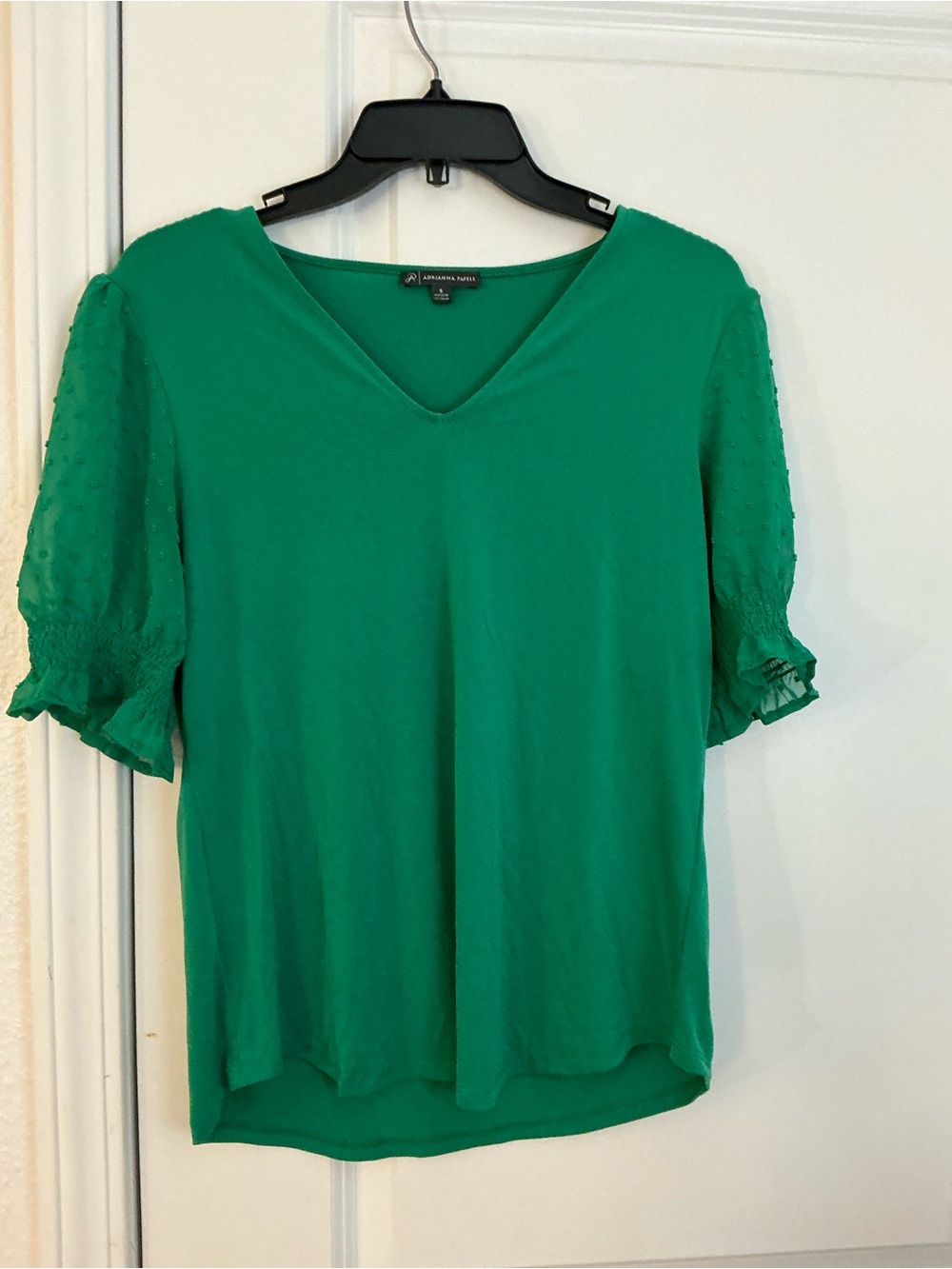 🔥Adrianna Papell Green V-Neck Mixed Media Blouse - Sheer Clip Dot Puff Sleeve S